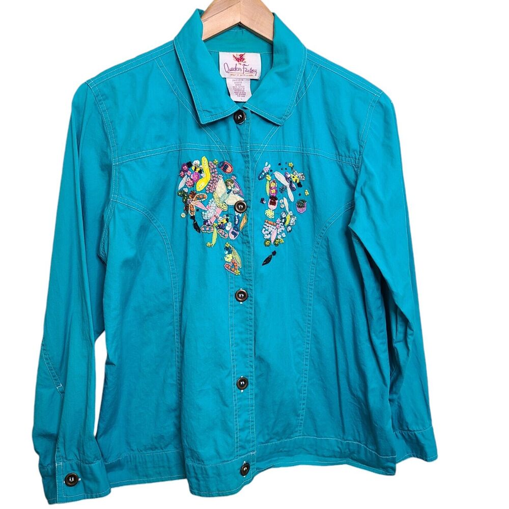 Quaker Factory Womens SZ L Blue Embellished‎ Heart Button Up Western Shirt Top